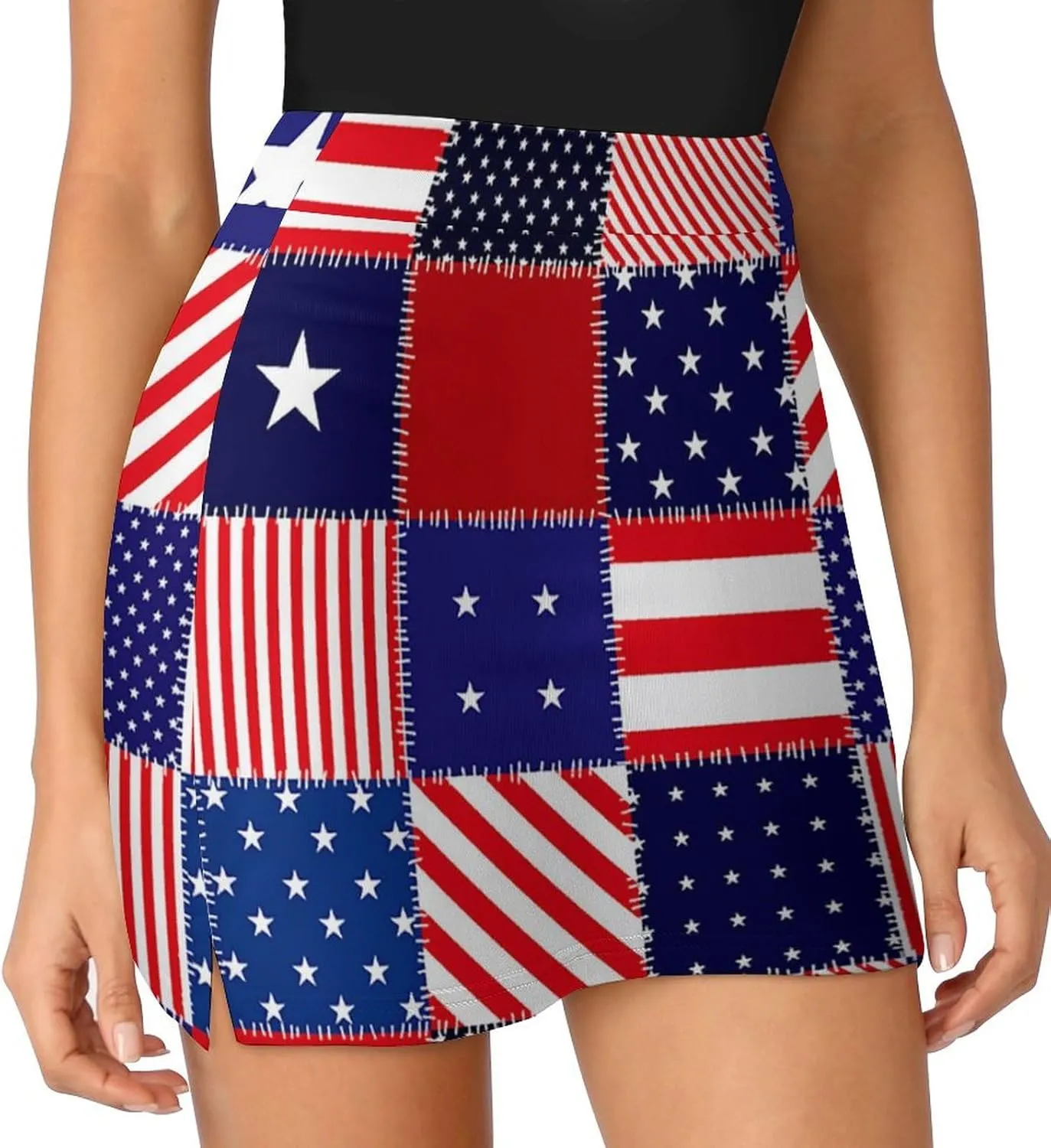 Patchwork of American Flag Women's Mini Tennis Skirt with Shorts Underneath Athletic Workout Cute Skorts