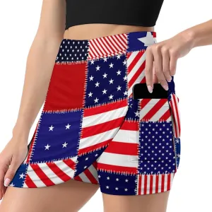 Patchwork of American Flag Women's Mini Tennis Skirt with Shorts Underneath Athletic Workout Cute Skorts