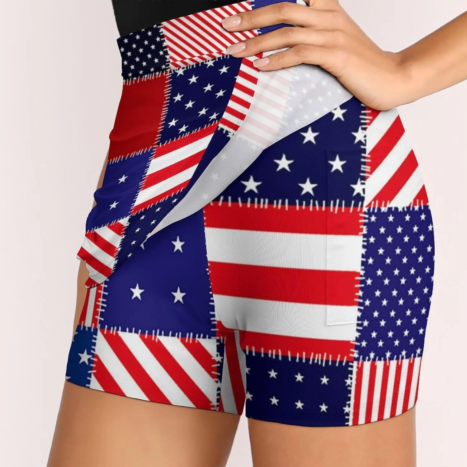Patchwork of American Flag Women's Mini Tennis Skirt with Shorts Underneath Athletic Workout Cute Skorts