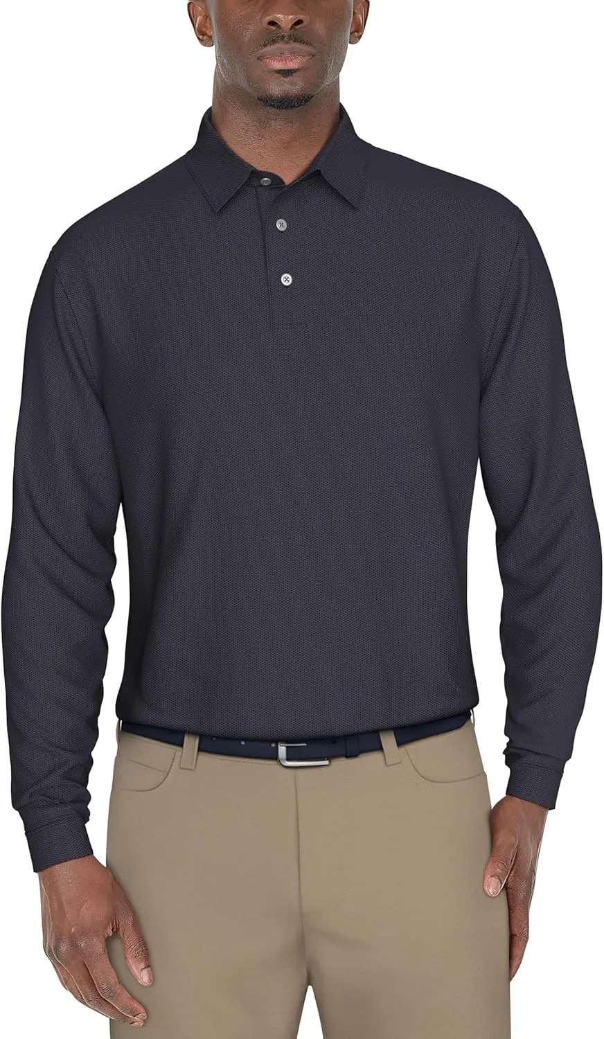 PGA TOUR Men's Jacquard Long Sleeve Golf Polo Shirt, 3-Button Placket, Ribbed Cuffs, Lightweight, Breathable, Versatile Style