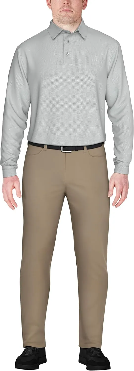 PGA TOUR Men's Jacquard Long Sleeve Golf Polo Shirt, 3-Button Placket, Ribbed Cuffs, Lightweight, Breathable, Versatile Style