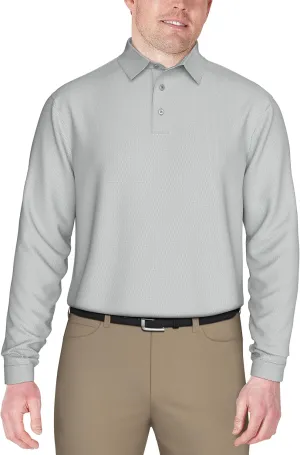 PGA TOUR Men's Jacquard Long Sleeve Golf Polo Shirt, 3-Button Placket, Ribbed Cuffs, Lightweight, Breathable, Versatile Style