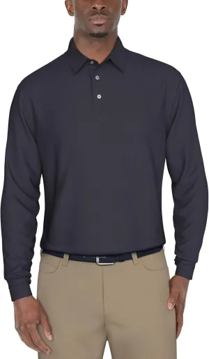 PGA TOUR Men's Jacquard Long Sleeve Golf Polo Shirt, 3-Button Placket, Ribbed Cuffs, Lightweight, Breathable, Versatile Style