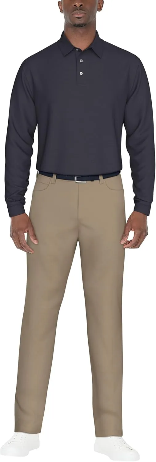 PGA TOUR Men's Jacquard Long Sleeve Golf Polo Shirt, 3-Button Placket, Ribbed Cuffs, Lightweight, Breathable, Versatile Style
