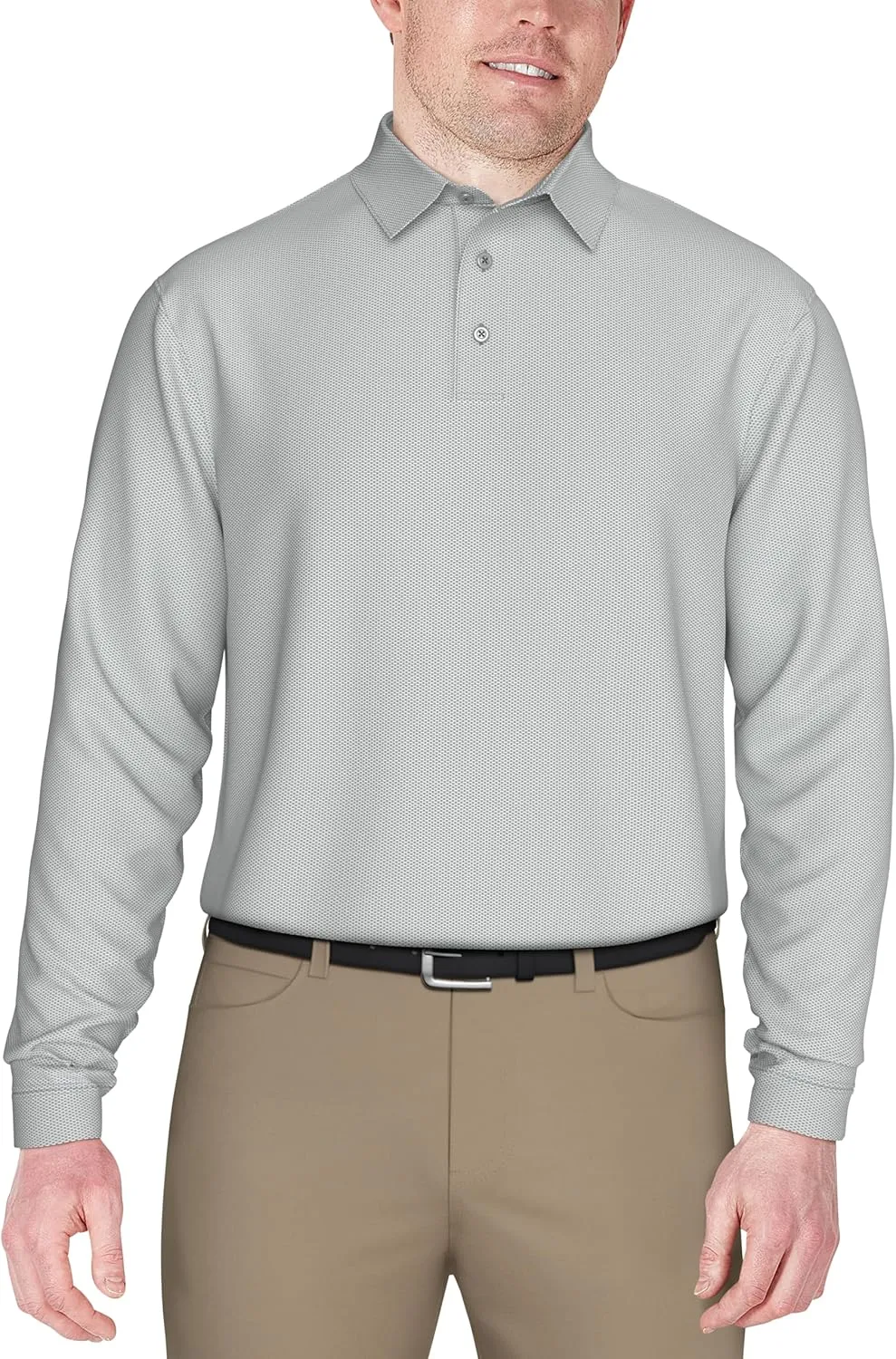 PGA TOUR Men's Jacquard Long Sleeve Golf Polo Shirt, 3-Button Placket, Ribbed Cuffs, Lightweight, Breathable, Versatile Style