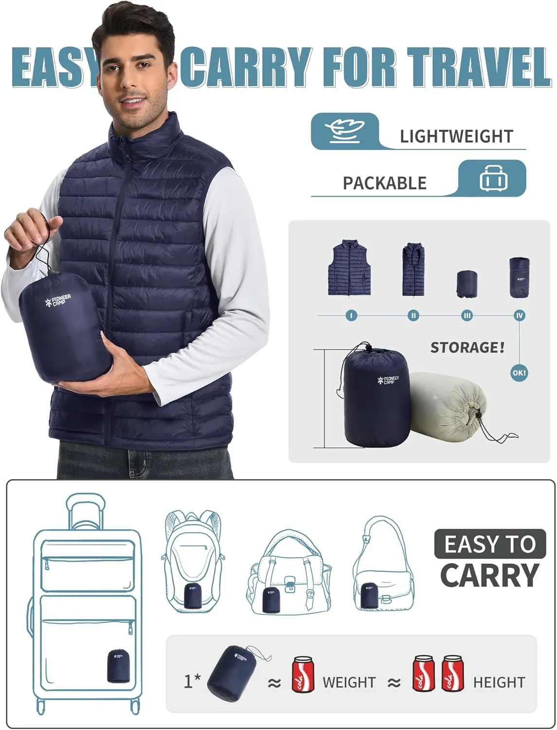 Pioneer Camp Men's Lightweight Puffer Vest Packable Water-Repellent Warm Quilted Sleeveless Outerwear for Work Casual Travel