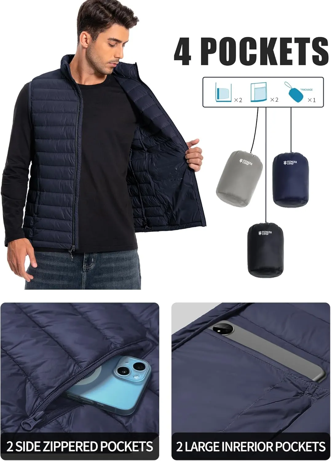 Pioneer Camp Men's Lightweight Puffer Vest Packable Water-Repellent Warm Quilted Sleeveless Outerwear for Work Casual Travel