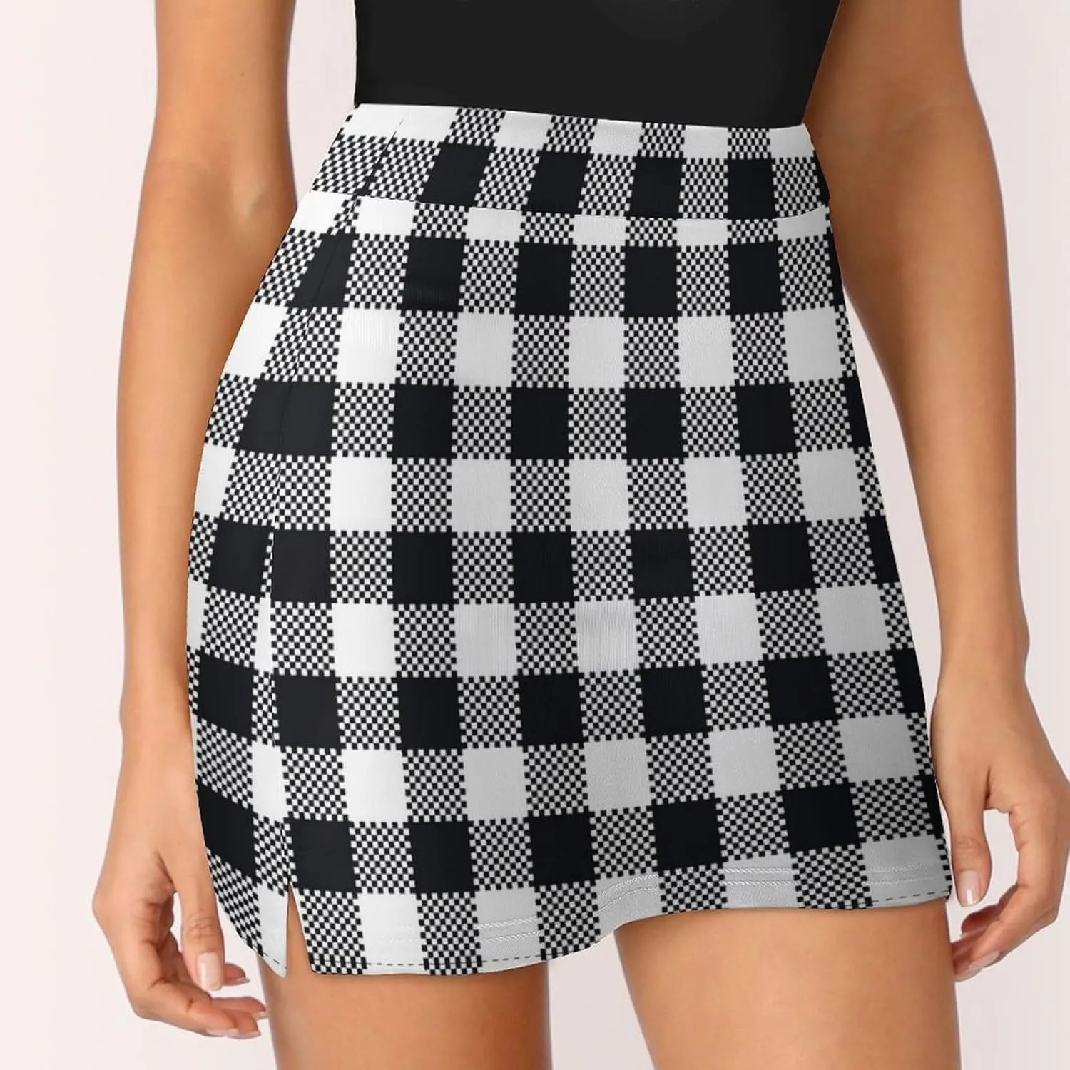 Plaid Black and White Women's Mini Tennis Skirt with Shorts Underneath Athletic Workout Cute Skorts