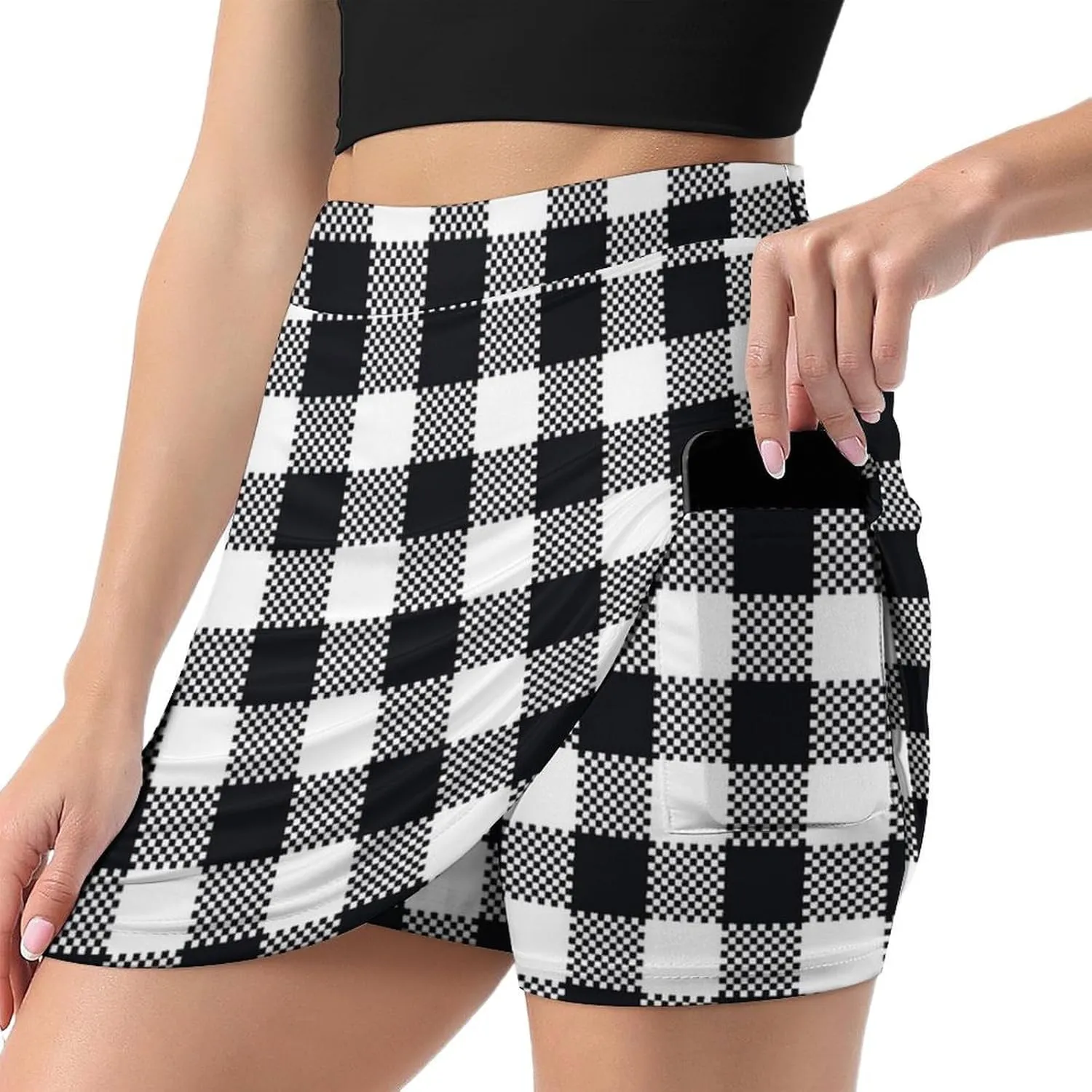Plaid Black and White Women's Mini Tennis Skirt with Shorts Underneath Athletic Workout Cute Skorts