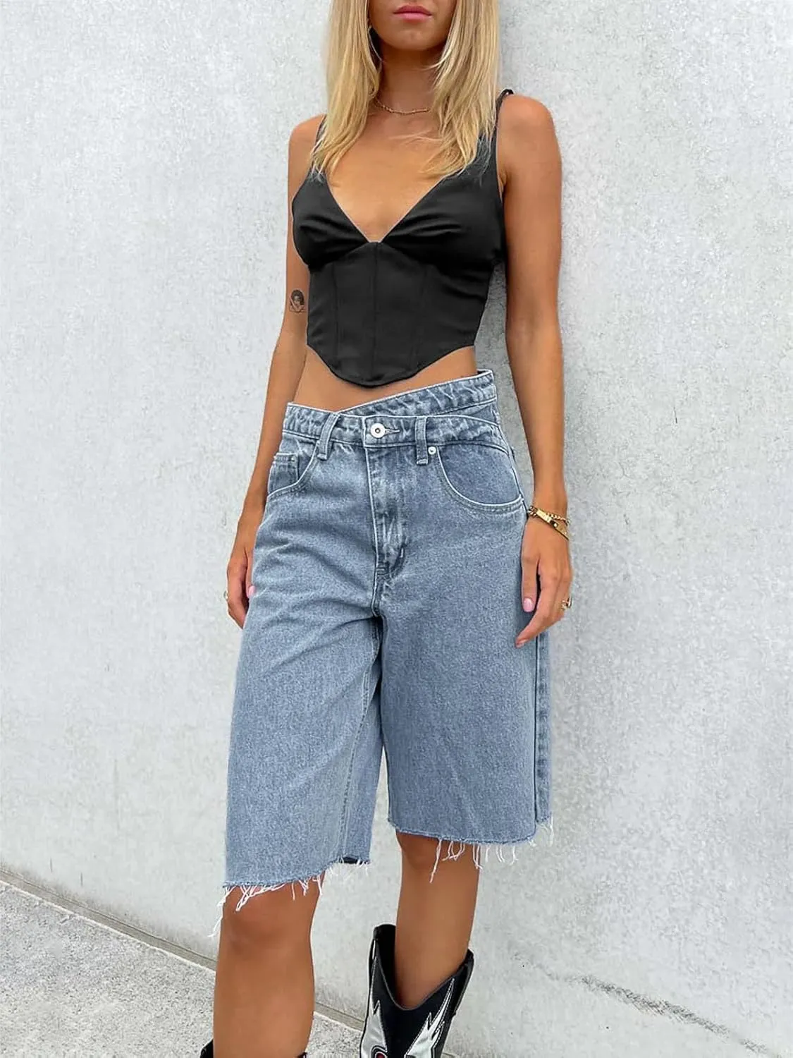 PLNOTME Women's Crossover Denim Shorts Summer Asymmetrical High Waisted Straight Leg Jean Shorts
