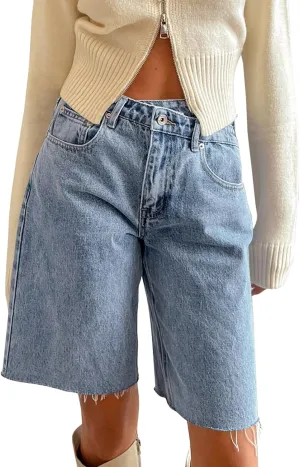 PLNOTME Women's Crossover Denim Shorts Summer Asymmetrical High Waisted Straight Leg Jean Shorts