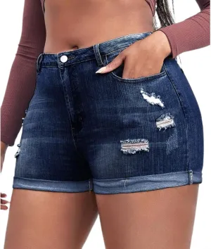 Plus Size Denim Shorts Women High Waisted Ripped Folded Hem Jean Shorts