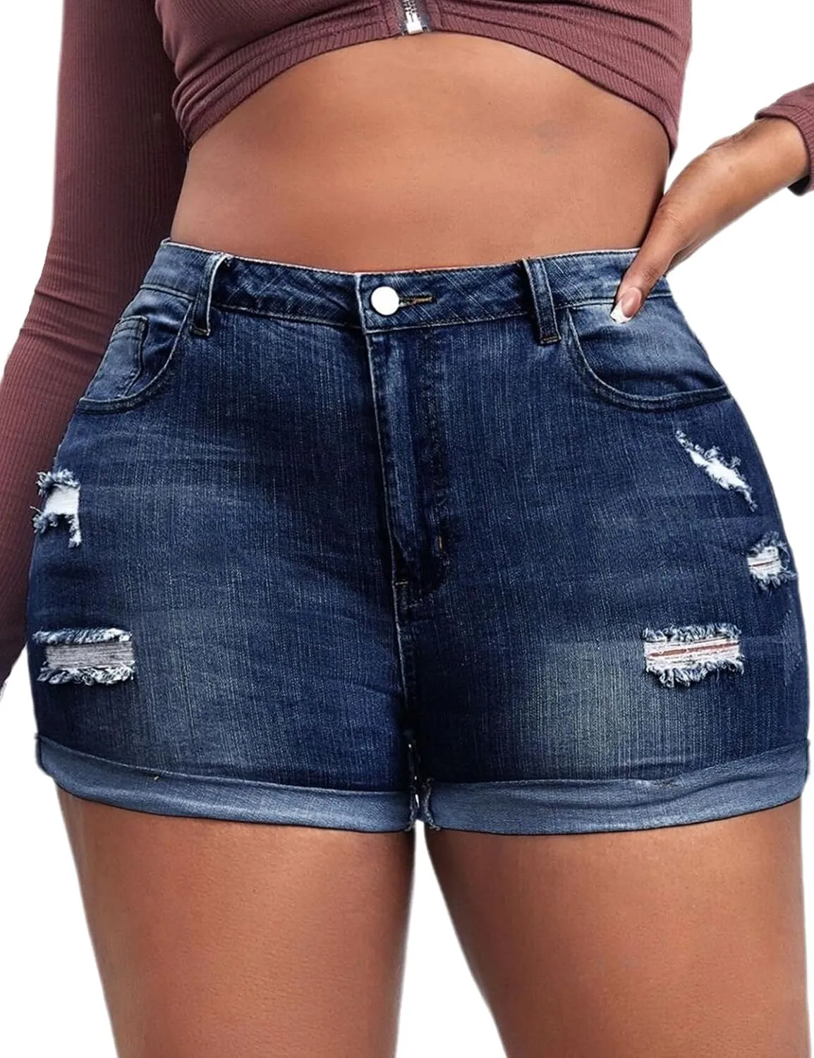Plus Size Denim Shorts Women High Waisted Ripped Folded Hem Jean Shorts
