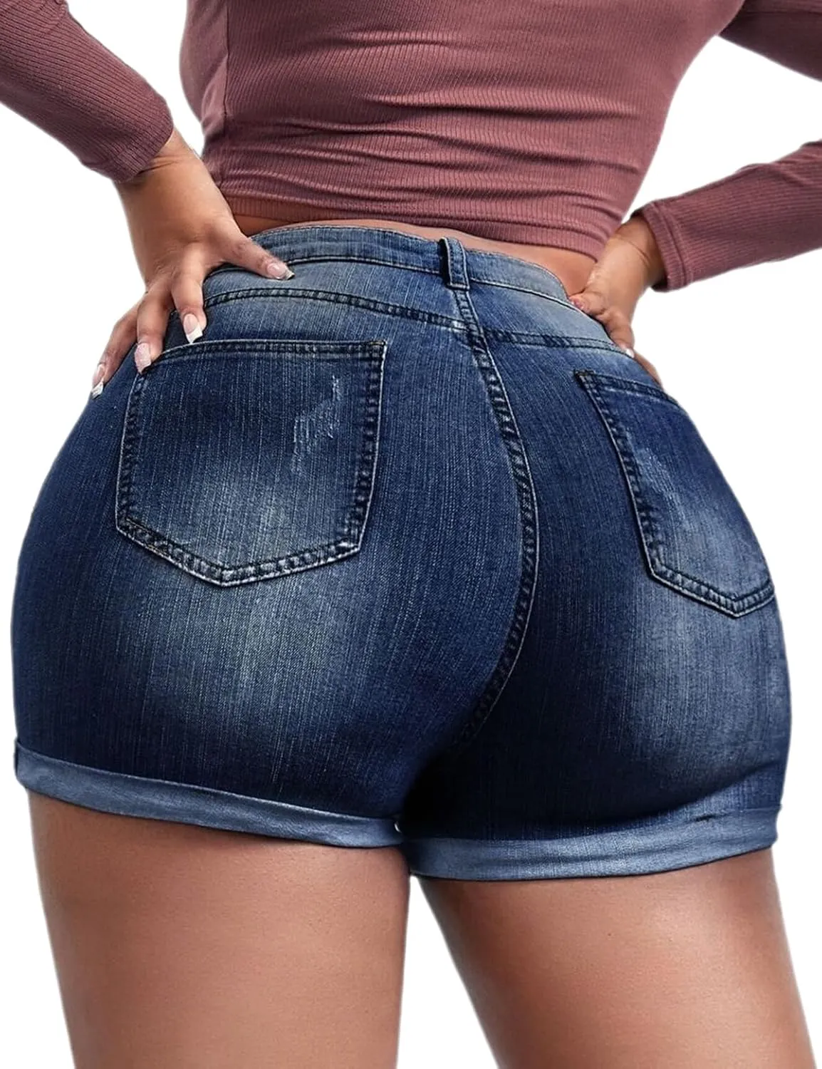 Plus Size Denim Shorts Women High Waisted Ripped Folded Hem Jean Shorts