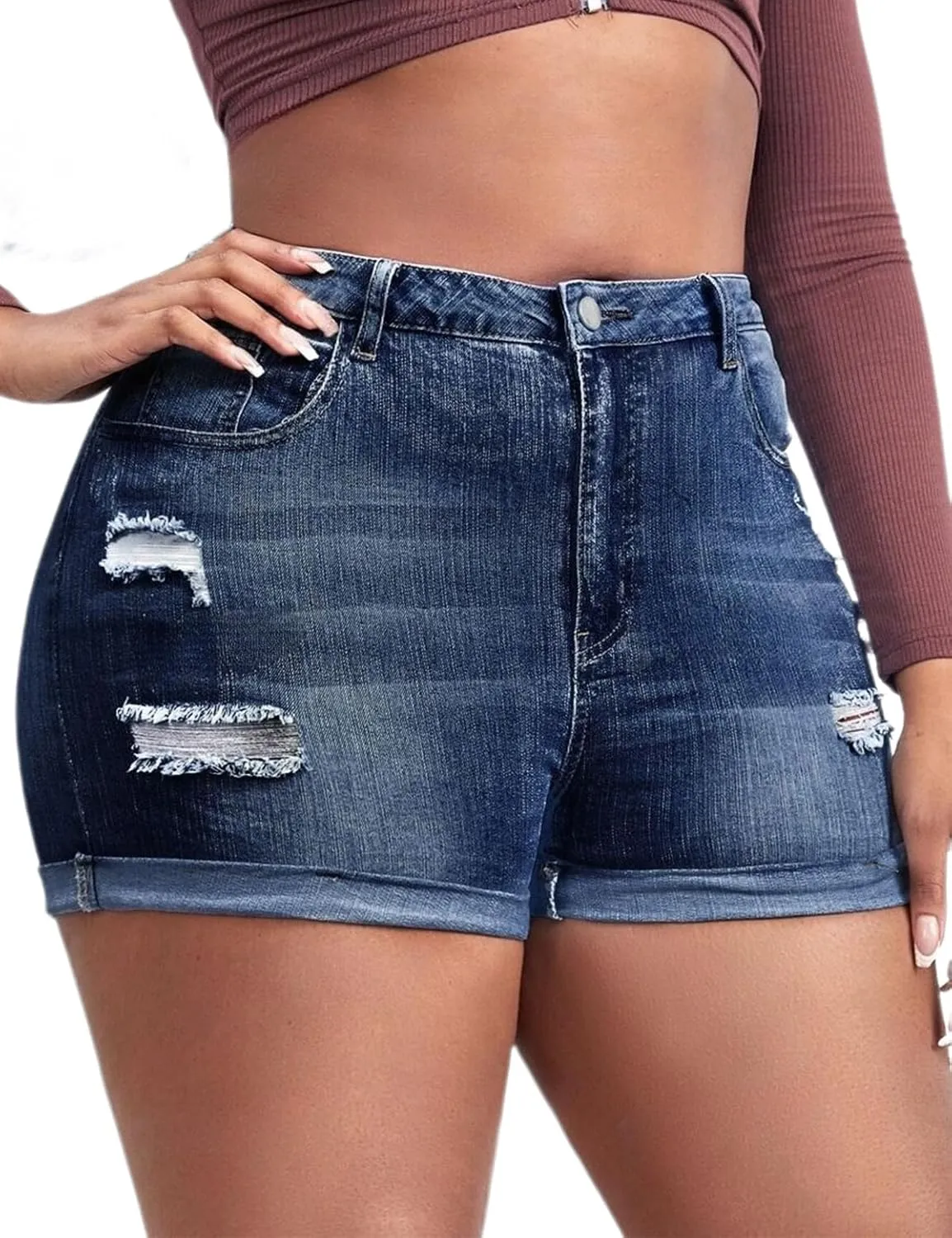 Plus Size Denim Shorts Women High Waisted Ripped Folded Hem Jean Shorts