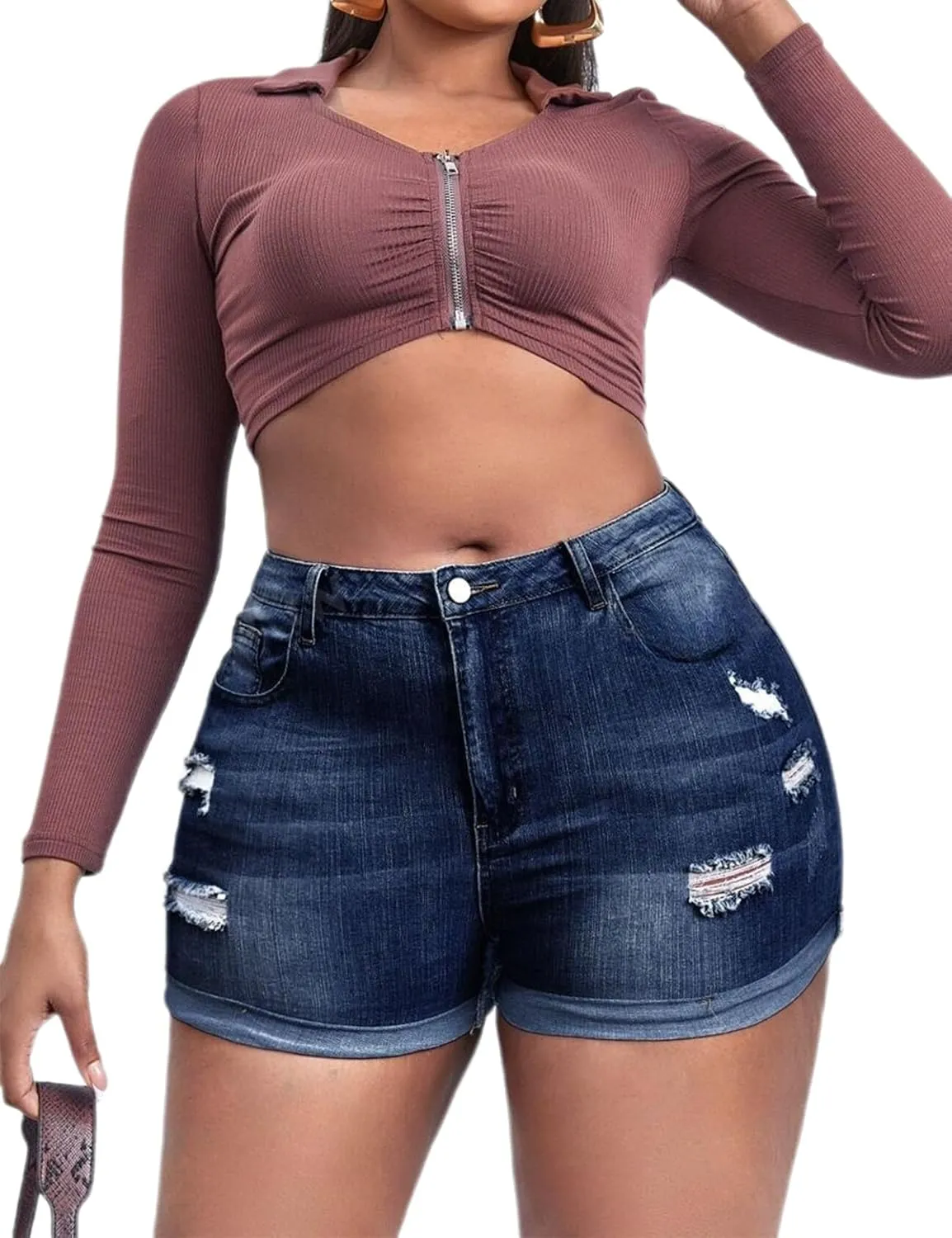 Plus Size Denim Shorts Women High Waisted Ripped Folded Hem Jean Shorts