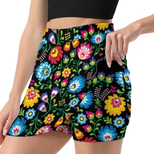 Polish Folk Art Floral Pattern Women's Mini Tennis Skirt with Shorts Underneath Athletic Workout Cute Skorts