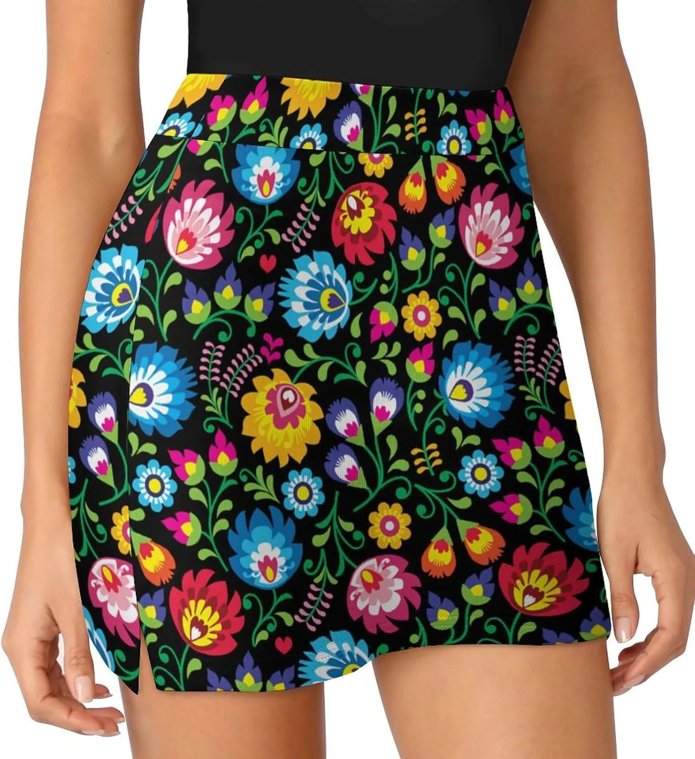 Polish Folk Art Floral Pattern Women's Mini Tennis Skirt with Shorts Underneath Athletic Workout Cute Skorts
