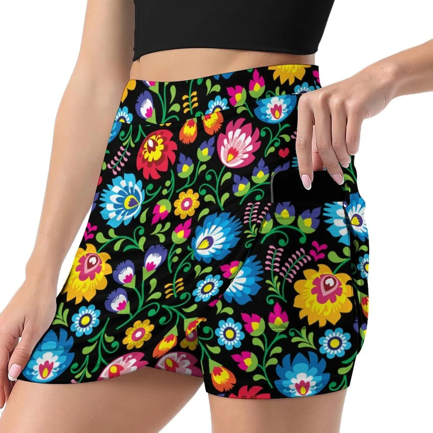 Polish Folk Art Floral Pattern Women's Mini Tennis Skirt with Shorts Underneath Athletic Workout Cute Skorts