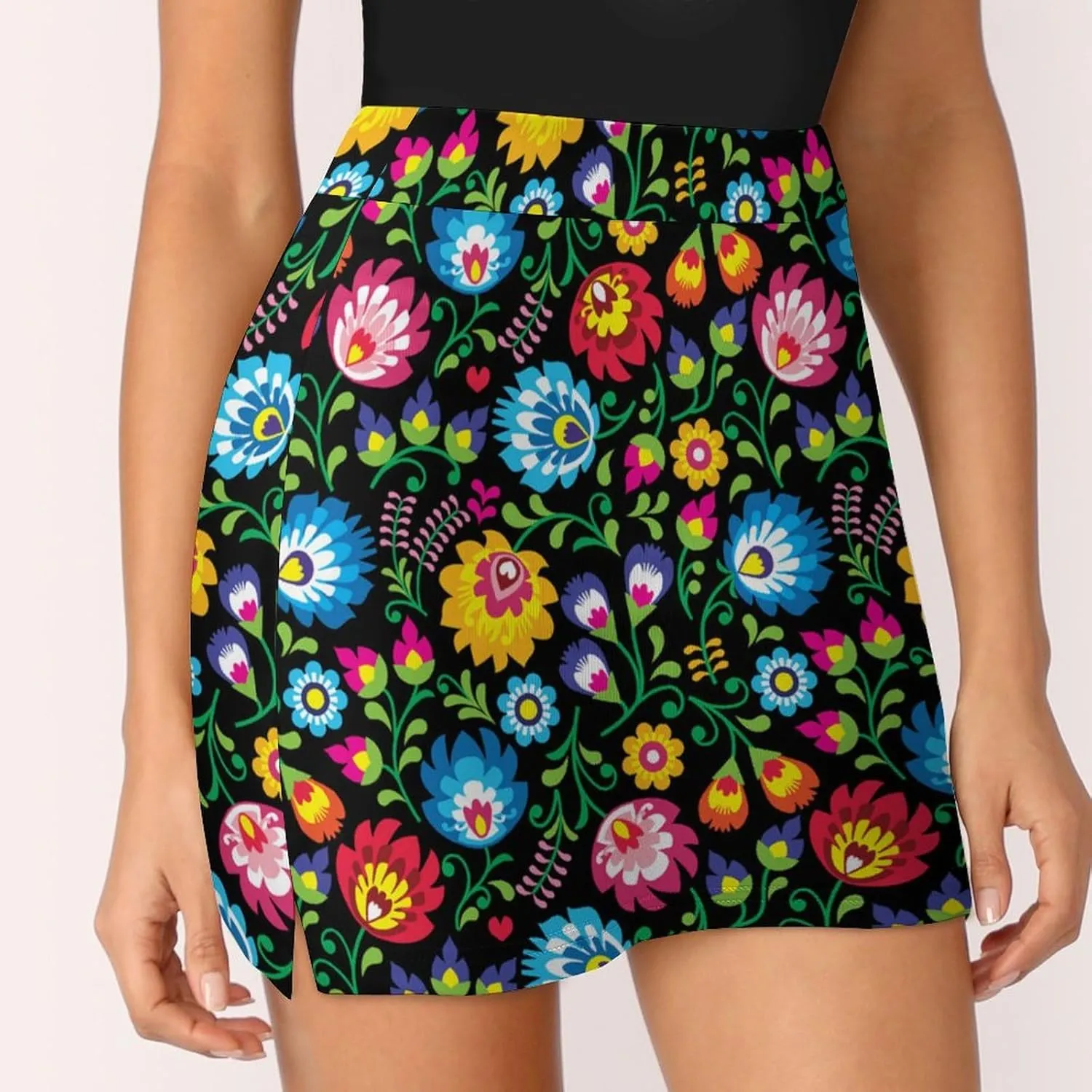 Polish Folk Art Floral Pattern Women's Mini Tennis Skirt with Shorts Underneath Athletic Workout Cute Skorts
