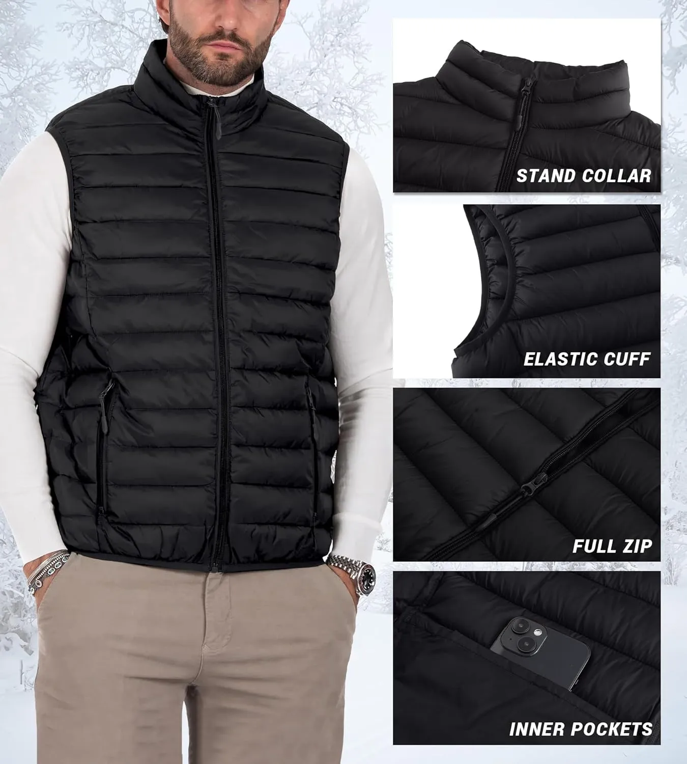 Polu Men's Puffer Vest Lightweight Sleeveless Jacket Full Zipper Outerwear Vest Outdoor Down Vest with Pockets