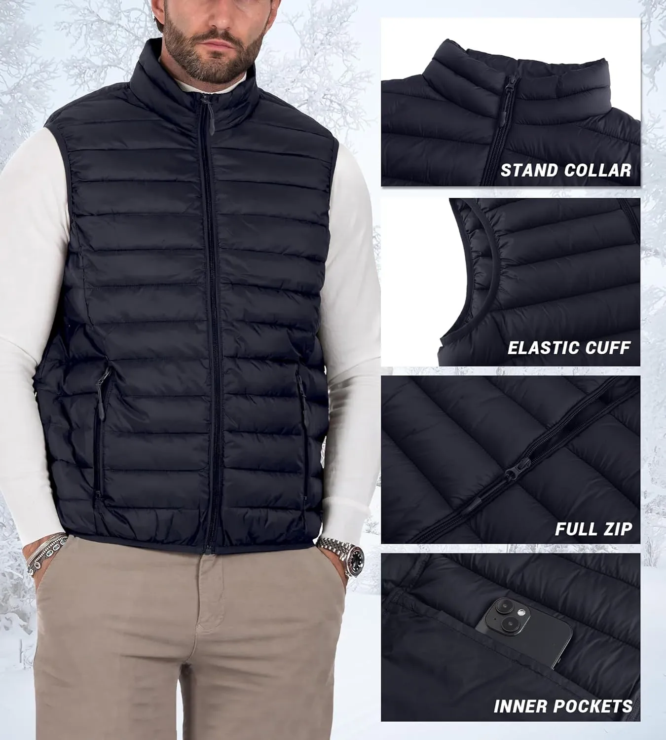 Polu Men's Puffer Vest Lightweight Sleeveless Jacket Full Zipper Outerwear Vest Outdoor Down Vest with Pockets