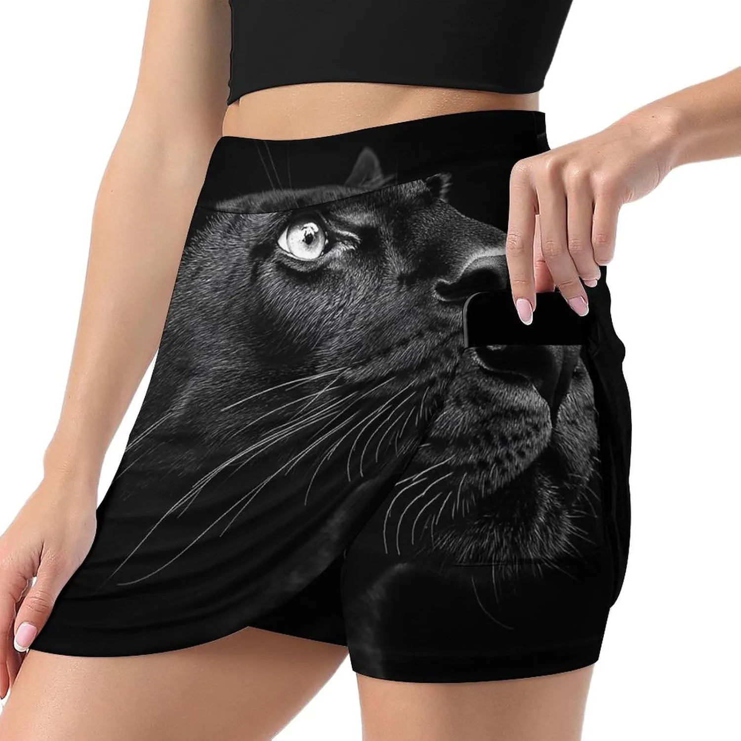 Portrait of A Black Leopard Women's Mini Tennis Skirt with Shorts Underneath Athletic Workout Cute Skorts