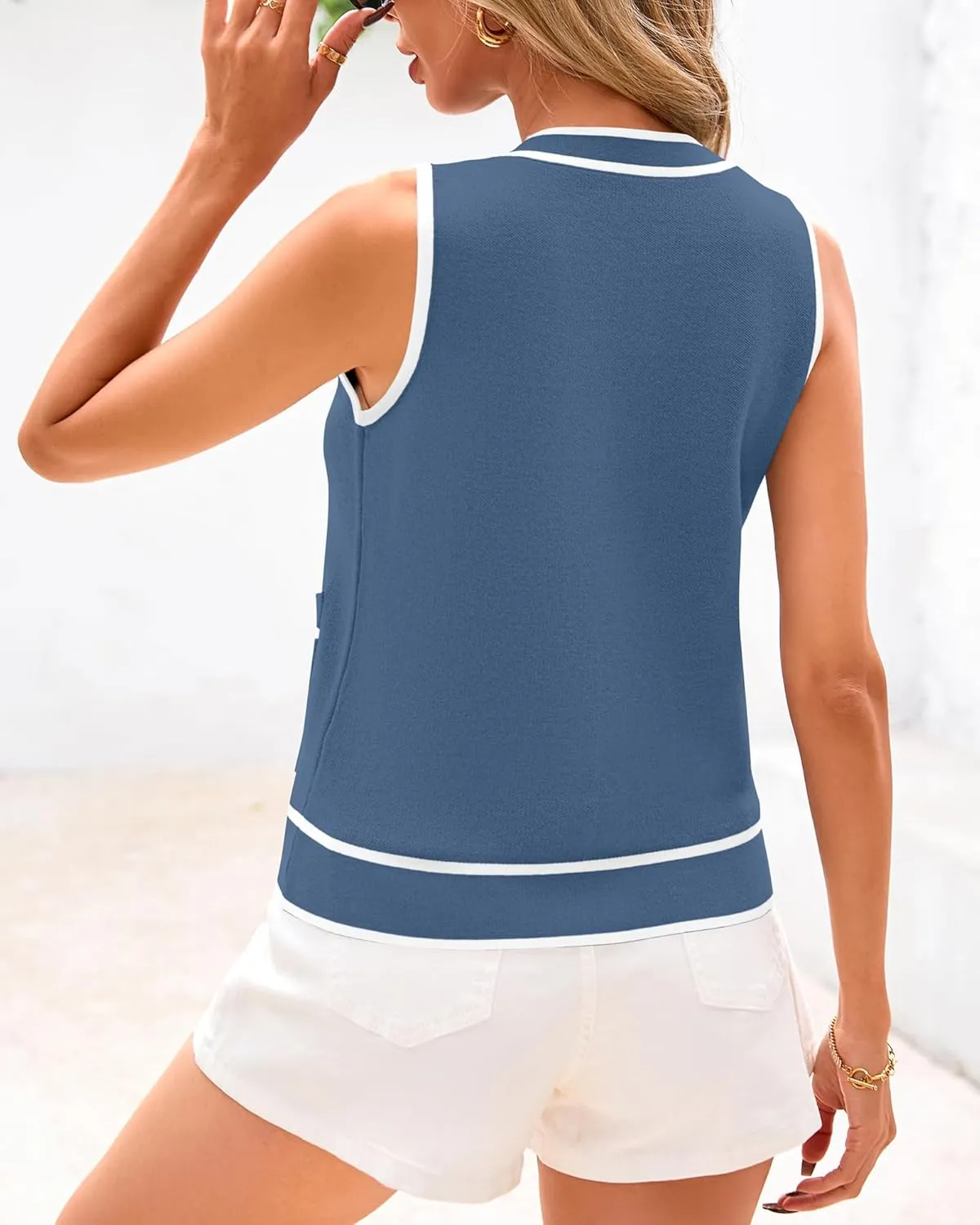 PRETTYGARDEN Vest For Women 2025 Summer Casual Button Down Color Block Sweater Vest Ribbed Knit Tank Tops With Pockets