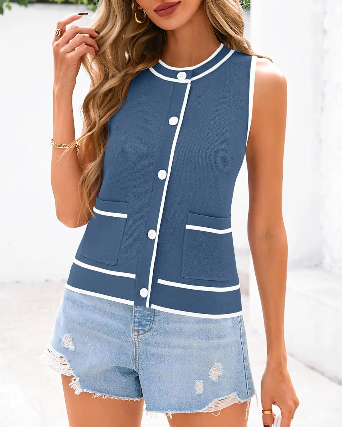 PRETTYGARDEN Vest For Women 2025 Summer Casual Button Down Color Block Sweater Vest Ribbed Knit Tank Tops With Pockets