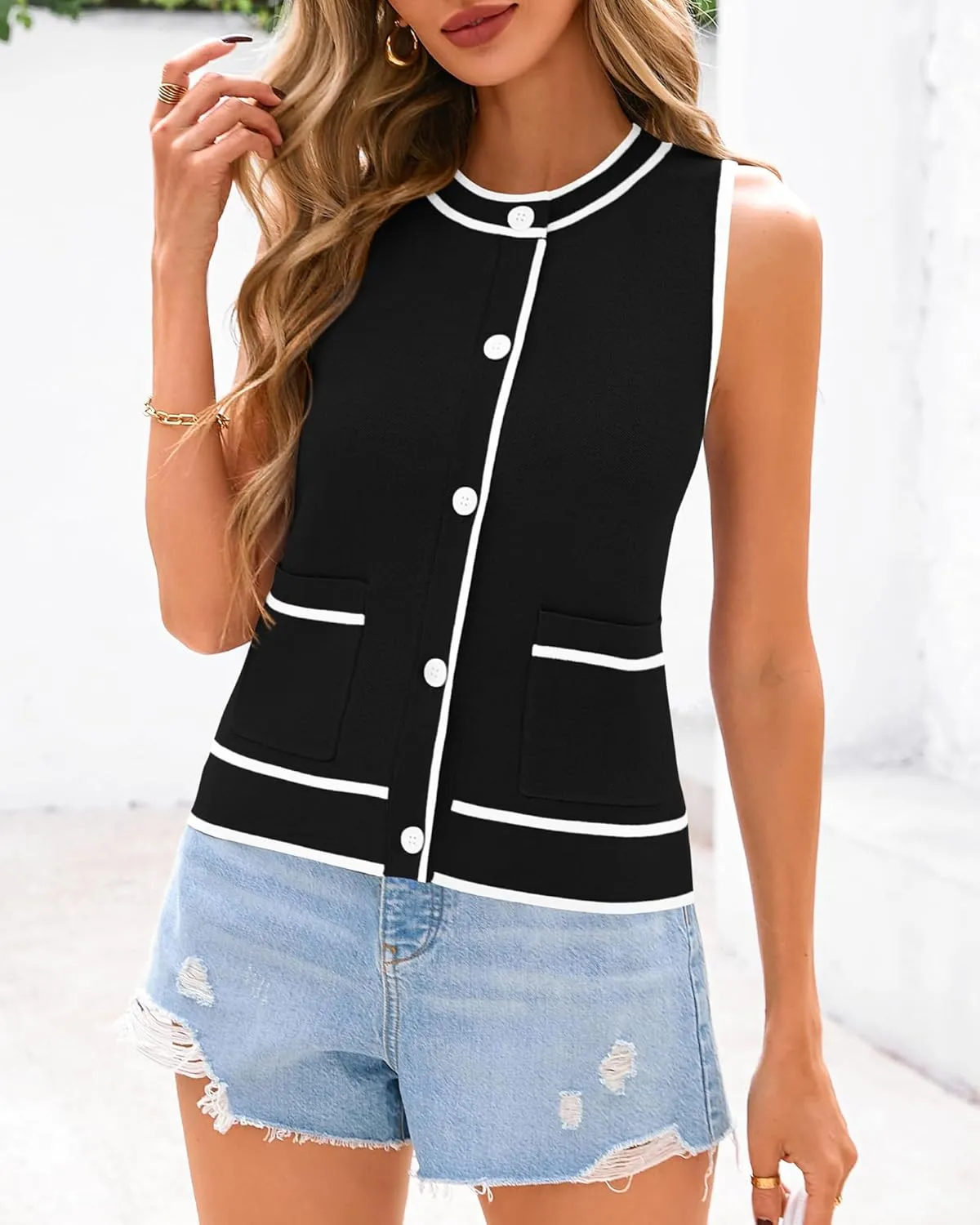 PRETTYGARDEN Vest For Women 2025 Summer Casual Button Down Color Block Sweater Vest Ribbed Knit Tank Tops With Pockets