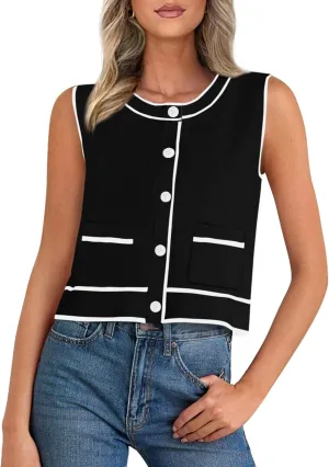 PRETTYGARDEN Vest For Women 2025 Summer Casual Button Down Color Block Sweater Vest Ribbed Knit Tank Tops With Pockets