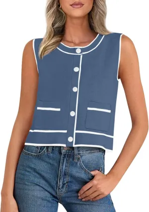 PRETTYGARDEN Vest For Women 2025 Summer Casual Button Down Color Block Sweater Vest Ribbed Knit Tank Tops With Pockets