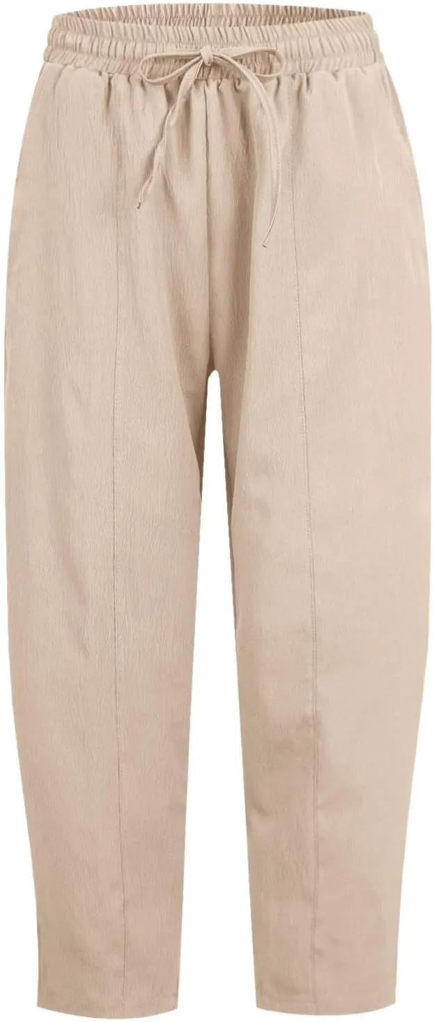 PTOLOCIF Womens Cotton Linen Pants Culottes Pants Elastic High Waist Wide Leg Palazzo Trousers Straight Leg Pant with Pockets