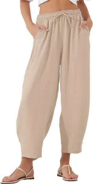 PTOLOCIF Womens Cotton Linen Pants Culottes Pants Elastic High Waist Wide Leg Palazzo Trousers Straight Leg Pant with Pockets