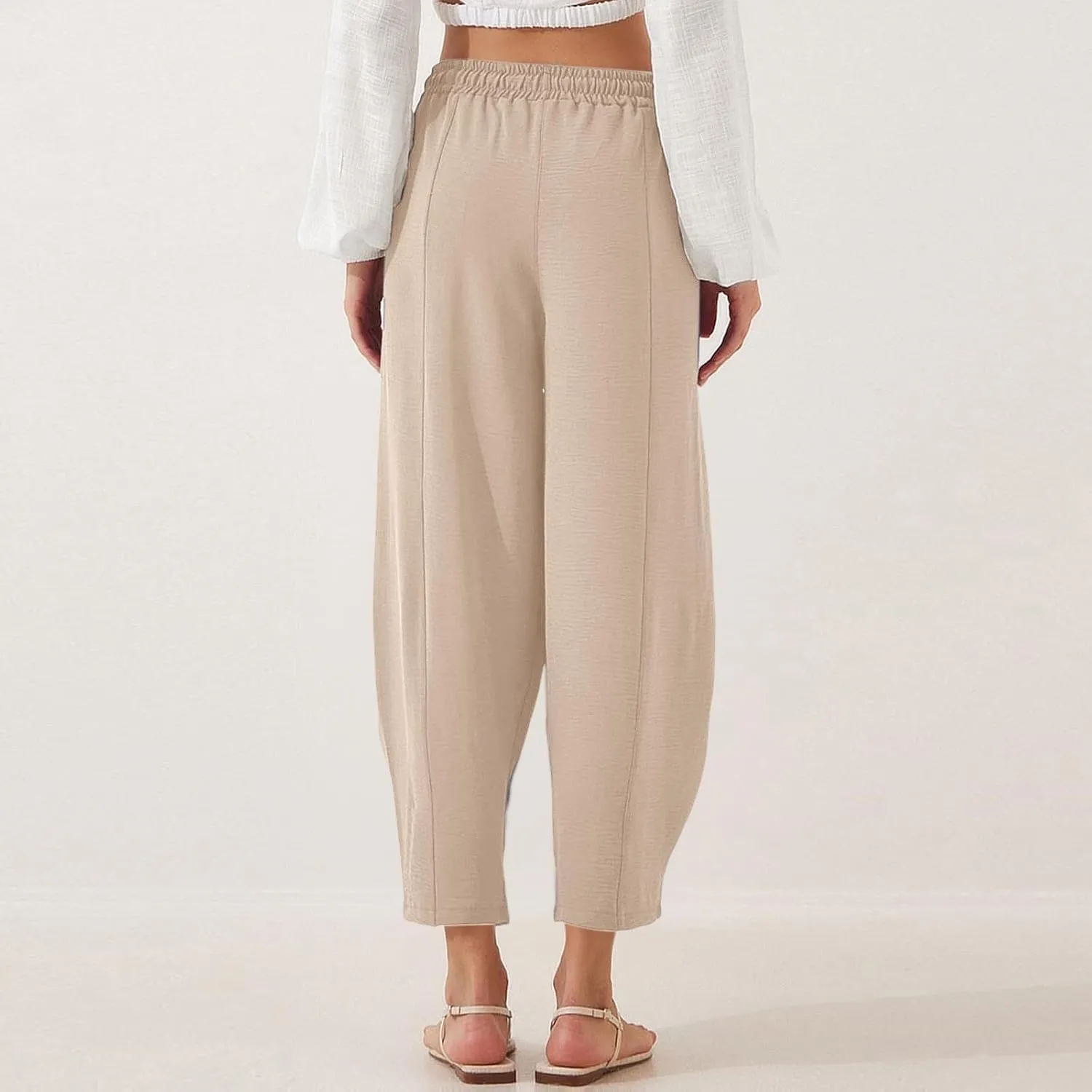 PTOLOCIF Womens Cotton Linen Pants Culottes Pants Elastic High Waist Wide Leg Palazzo Trousers Straight Leg Pant with Pockets