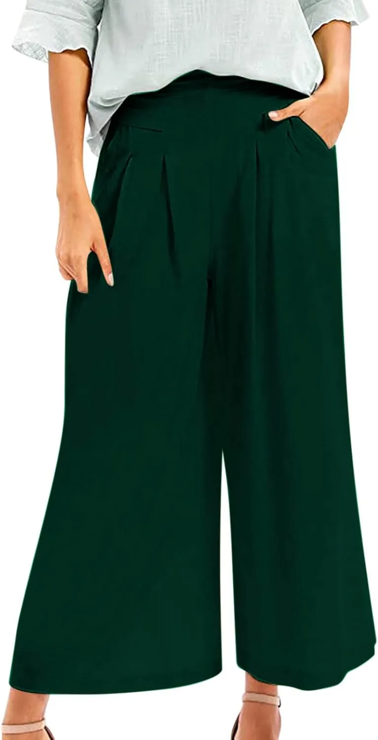 PTOLOCIF Women's Linen Blend Pants Culottes Pants Elastic High Waist Wide Leg Palazzo Trousers Straight Leg Pant with Pockets