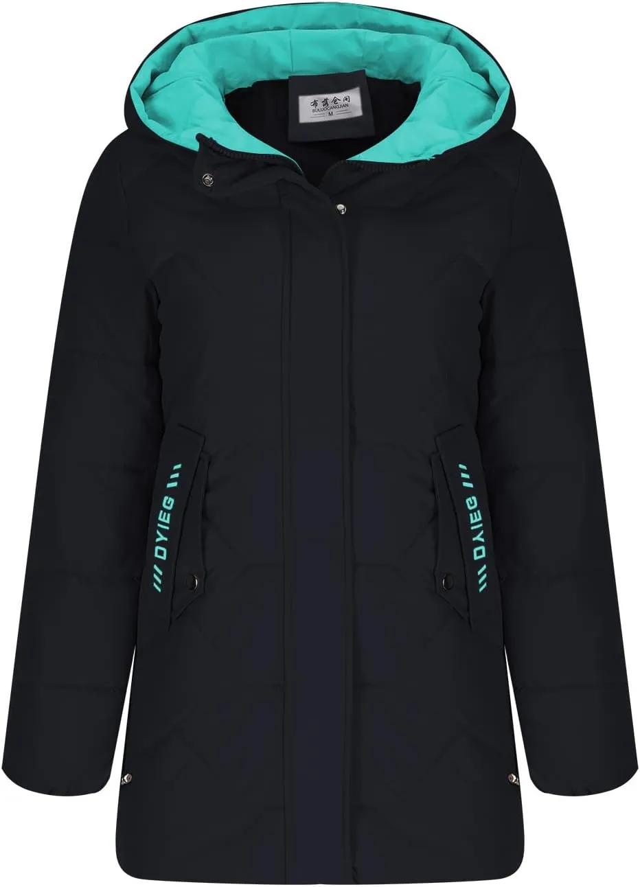 Puffer Jacket Womens with Hood Cotton Button Down Jackets Full Zip Up Overcoat Padded Coats Long Sleeve Outwear