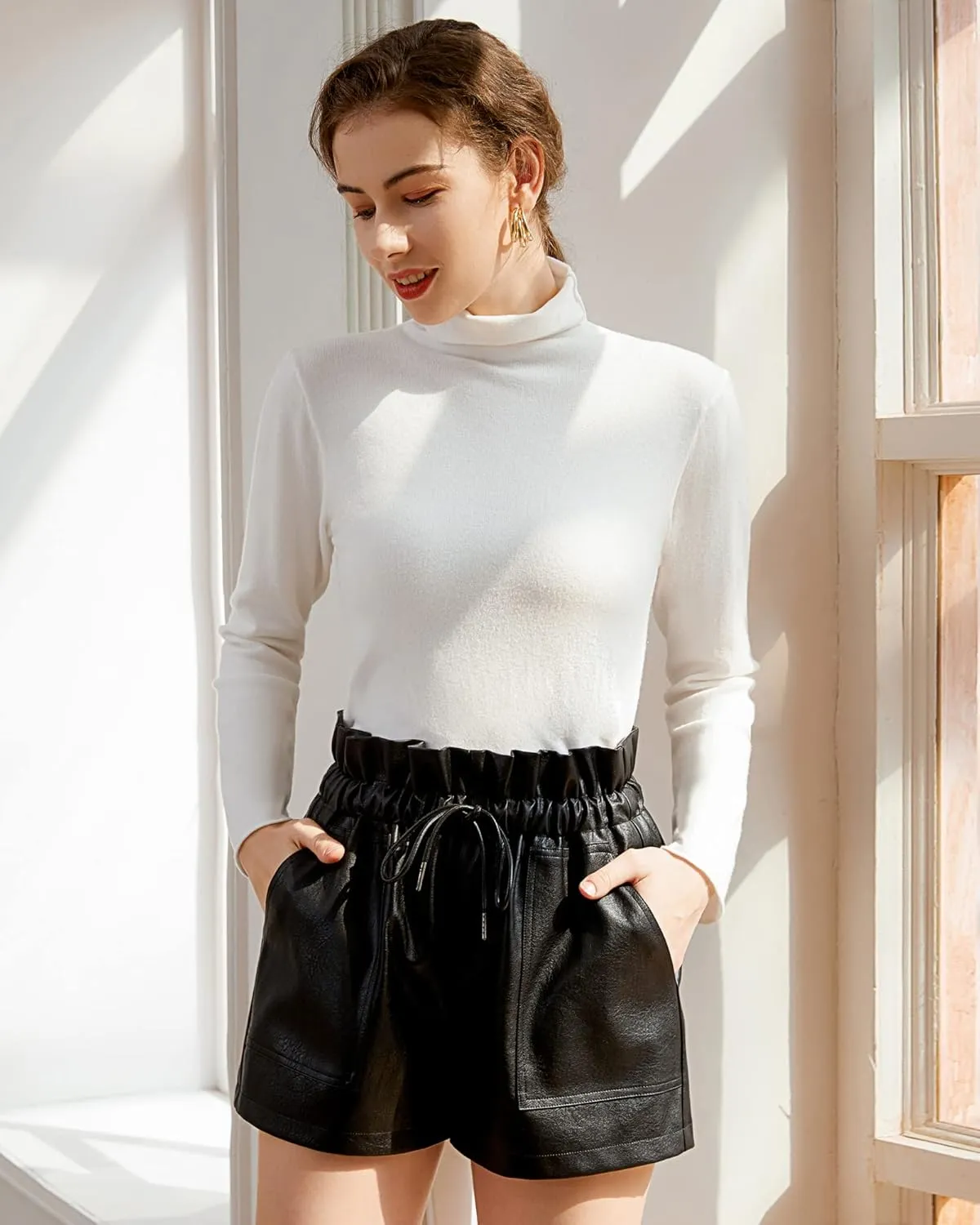 QIANXIZHAN Women's Leather Shorts, Faux High Waisted Wide Leg Sexy Shorts SP