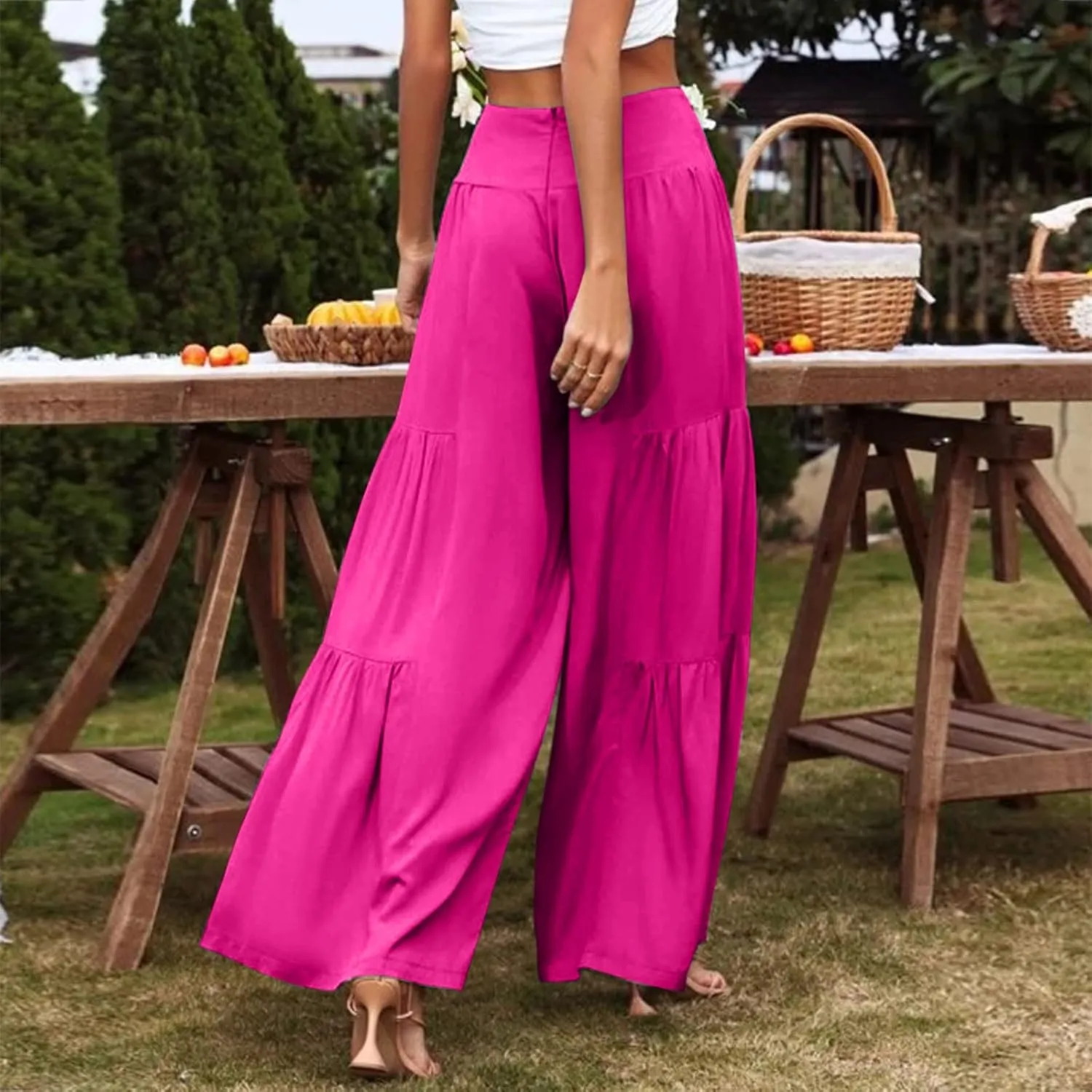 QWENTMTNTY Wide Legged Pants for Women Dressy Casual 2024 Cotton Linen Palazzo Pants Smocked High Waisted Summer Trousers