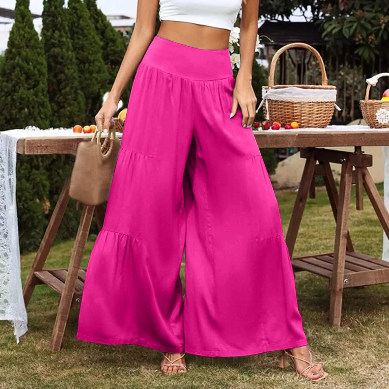 QWENTMTNTY Wide Legged Pants for Women Dressy Casual 2024 Cotton Linen Palazzo Pants Smocked High Waisted Summer Trousers