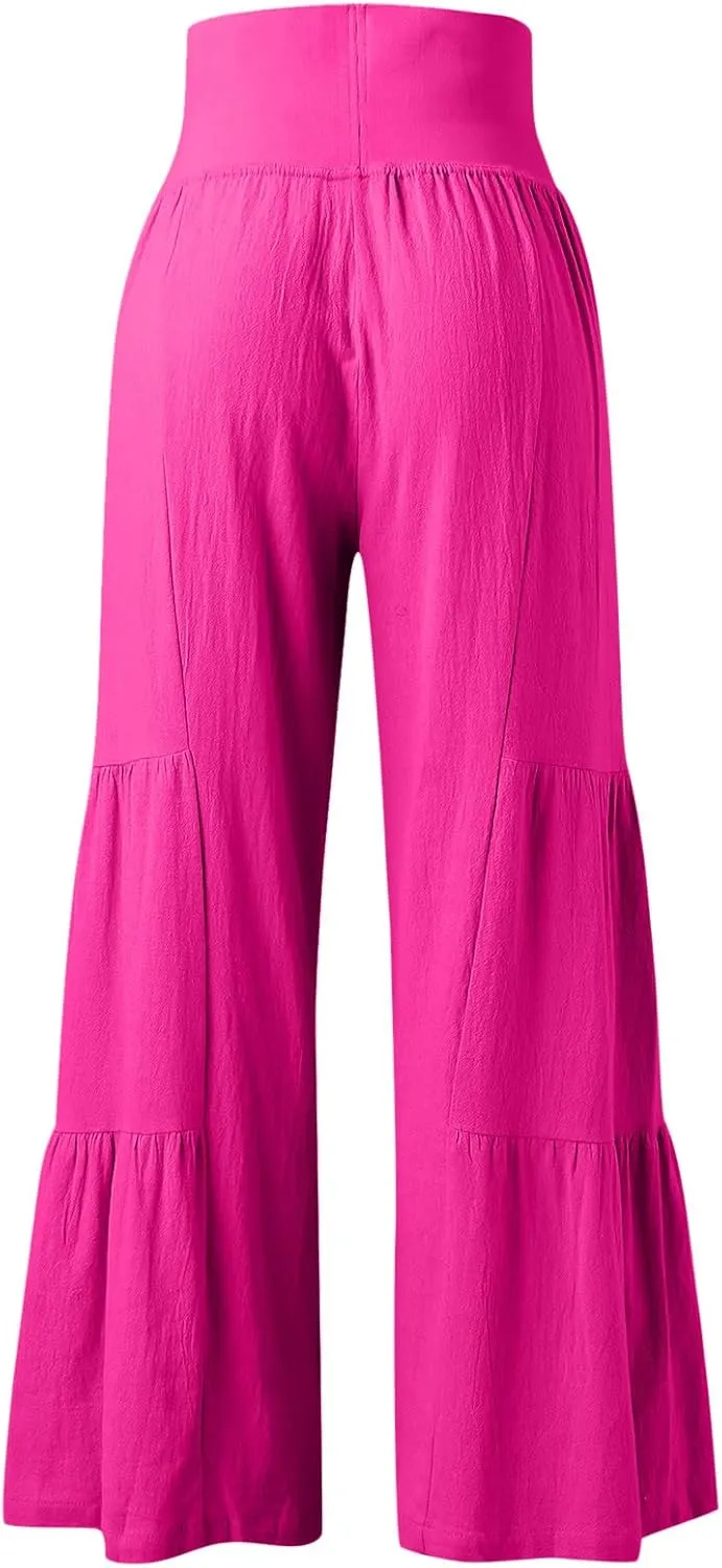 QWENTMTNTY Wide Legged Pants for Women Dressy Casual 2024 Cotton Linen Palazzo Pants Smocked High Waisted Summer Trousers