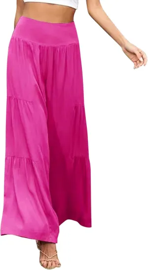 QWENTMTNTY Wide Legged Pants for Women Dressy Casual 2024 Cotton Linen Palazzo Pants Smocked High Waisted Summer Trousers