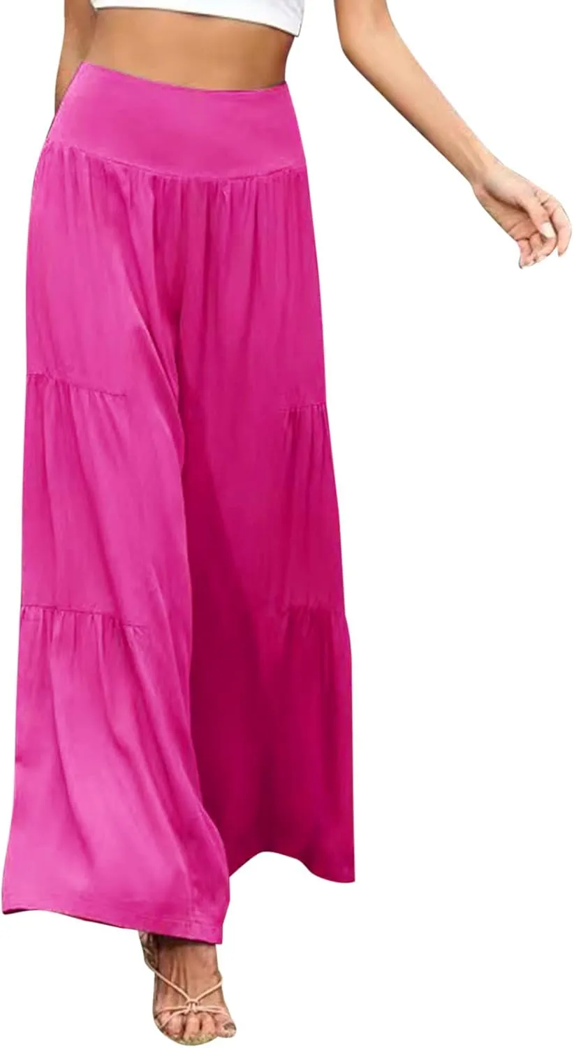 QWENTMTNTY Wide Legged Pants for Women Dressy Casual 2024 Cotton Linen Palazzo Pants Smocked High Waisted Summer Trousers