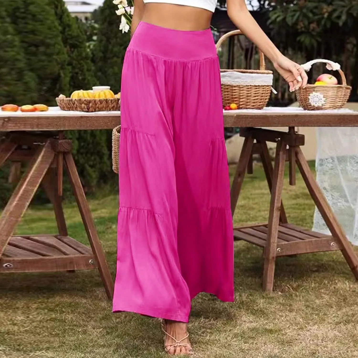 QWENTMTNTY Wide Legged Pants for Women Dressy Casual 2024 Cotton Linen Palazzo Pants Smocked High Waisted Summer Trousers