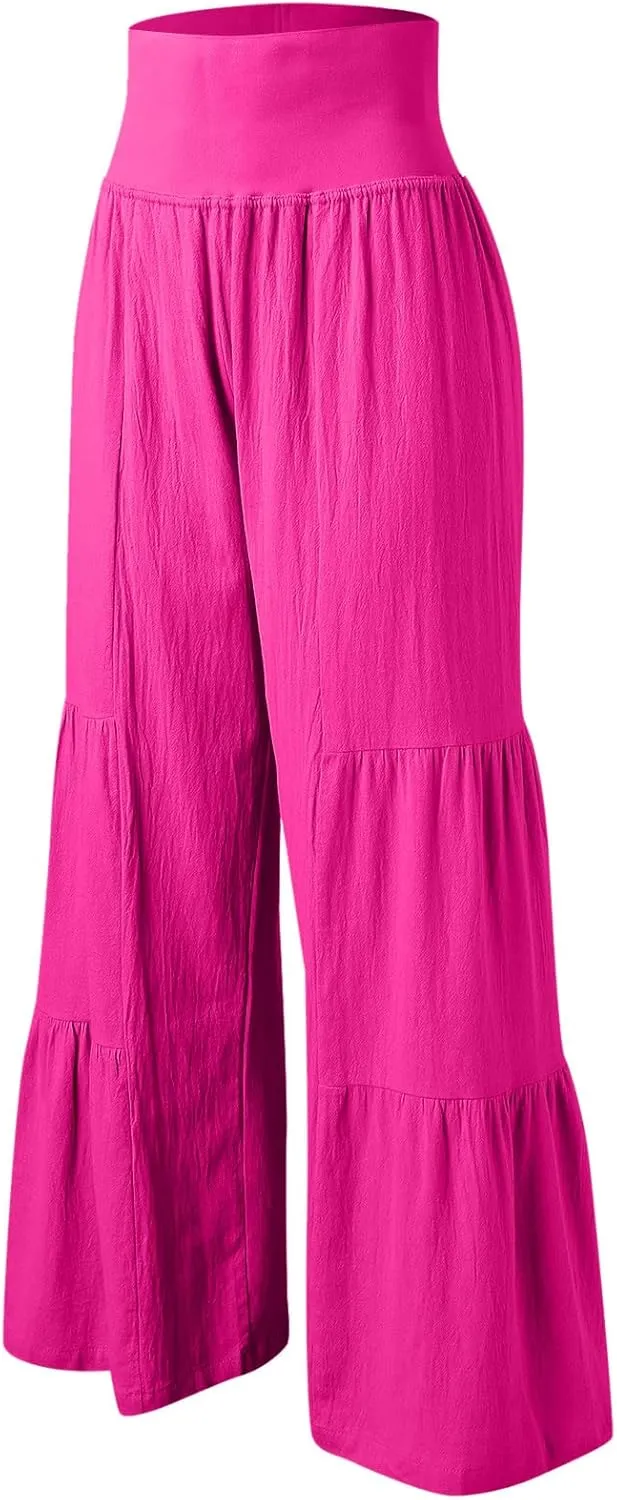 QWENTMTNTY Wide Legged Pants for Women Dressy Casual 2024 Cotton Linen Palazzo Pants Smocked High Waisted Summer Trousers