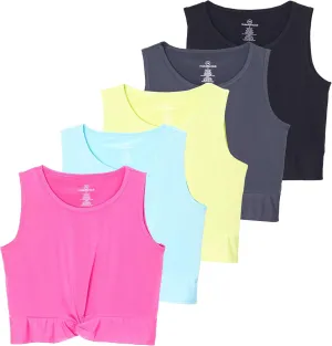 Real Essentials 5 Pack: Women's Dry-Fit Twist Front Knot Sleeveless Crop Tank Top - Dance Workout Athletic Yoga Cropped Top