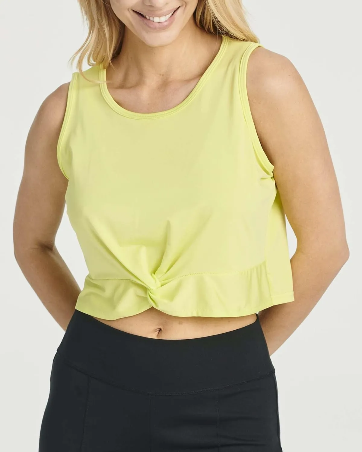 Real Essentials 5 Pack: Women's Dry-Fit Twist Front Knot Sleeveless Crop Tank Top - Dance Workout Athletic Yoga Cropped Top
