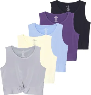 Real Essentials 5 Pack: Women's Dry-Fit Twist Front Knot Sleeveless Crop Tank Top - Dance Workout Athletic Yoga Cropped Top