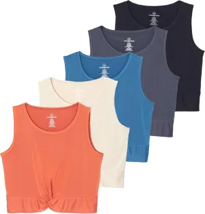 Real Essentials 5 Pack: Women's Dry-Fit Twist Front Knot Sleeveless Crop Tank Top - Dance Workout Athletic Yoga Cropped Top