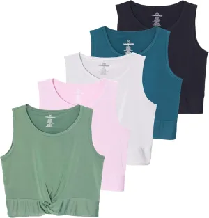 Real Essentials 5 Pack: Women's Dry-Fit Twist Front Knot Sleeveless Crop Tank Top - Dance Workout Athletic Yoga Cropped Top